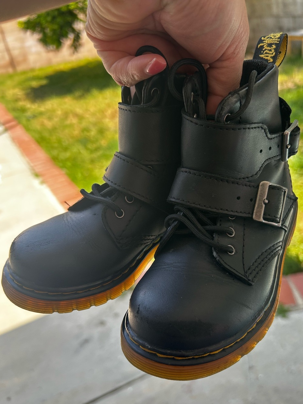Dr. Martens Black Kids Leather Buckle & Lace Boots with Yellow Trim